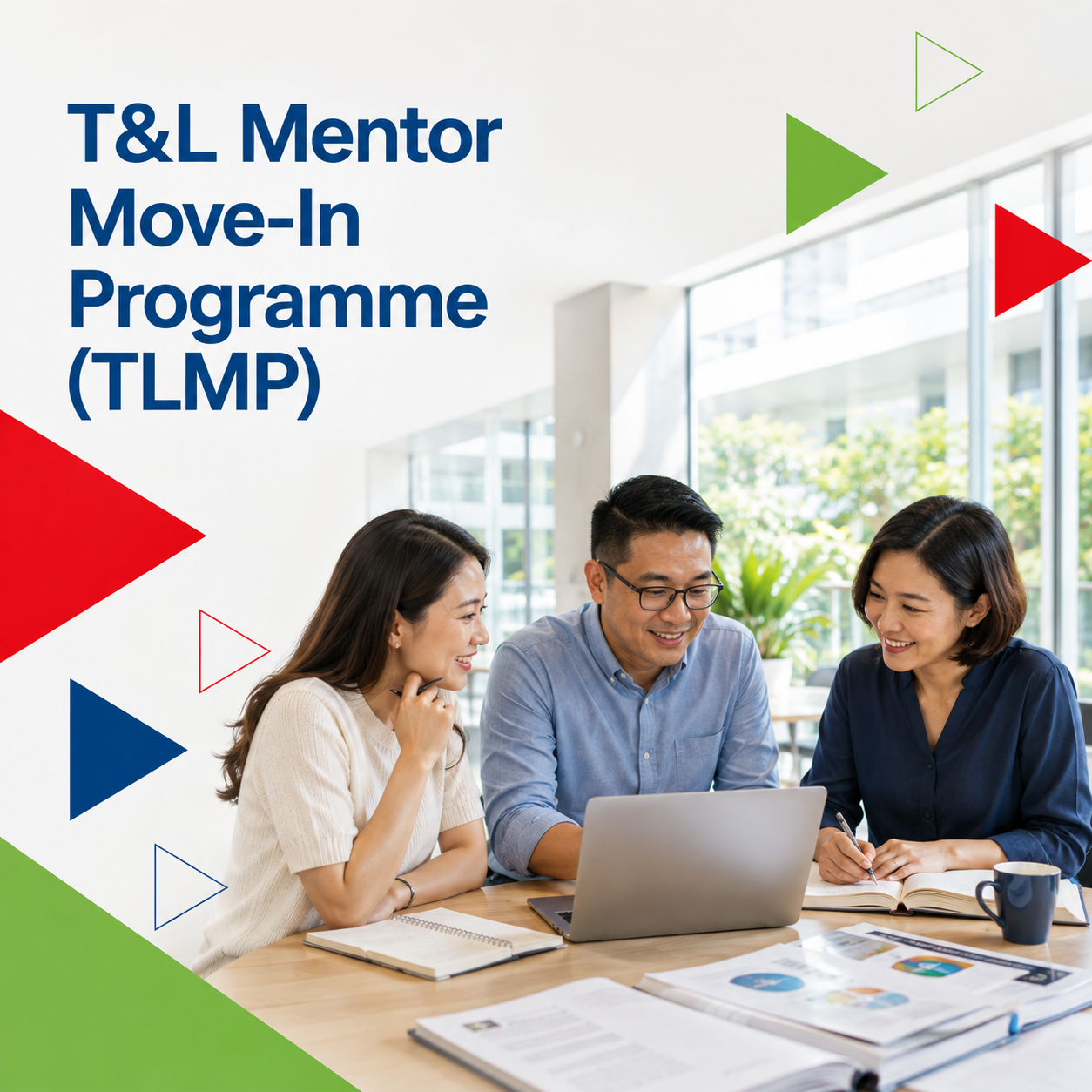Show a single group of educators in a bright, contemporary campus learning space engaged in mentoring, coaching, reflective discussion, and collaborative lesson planning around a laptop and teaching materials.